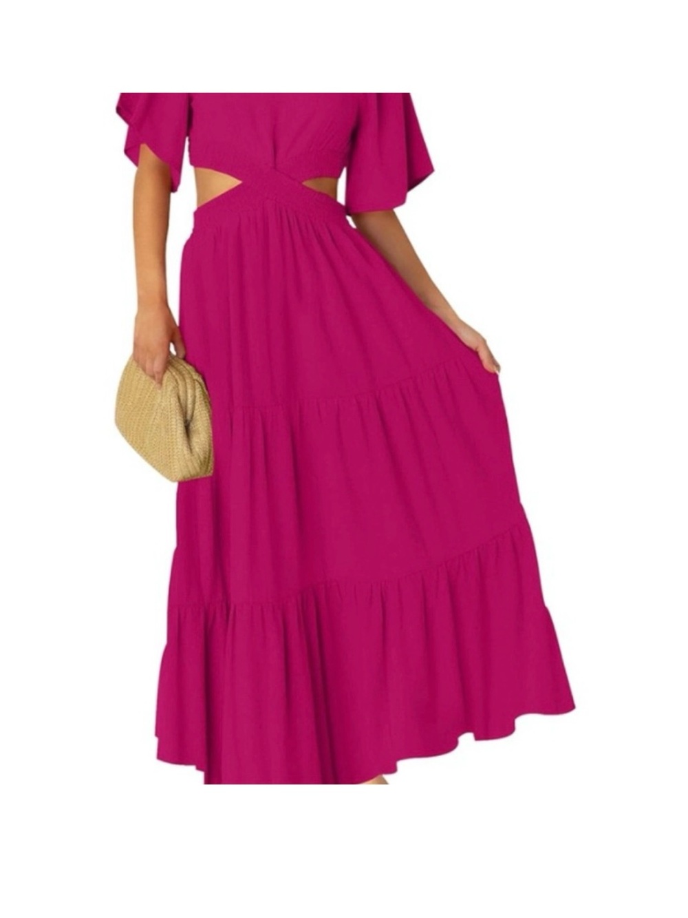 Tiered Cutout Flutter-Sleeve Maxi Dress in Fuchsia